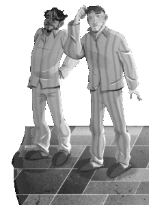 Grandad and Mandad in striped pajamas. Illustration by Francesca Ficorilli